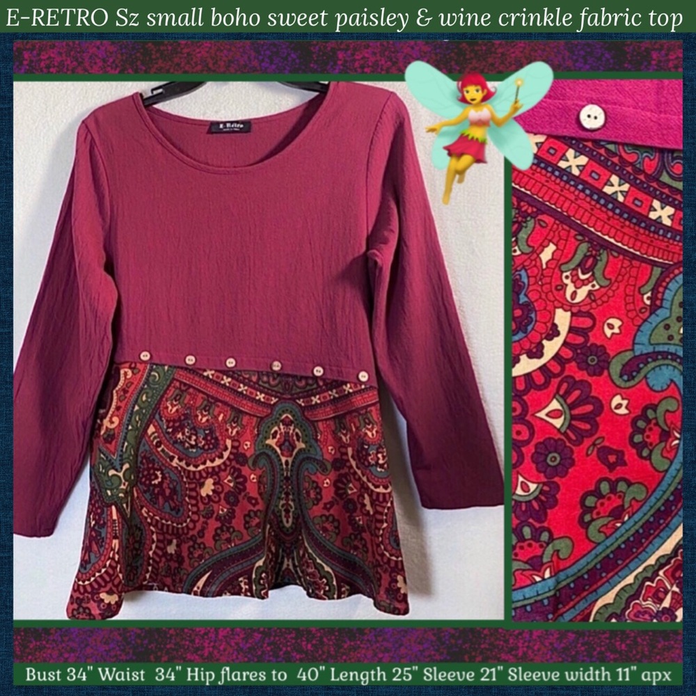 Sz S BOHO SWEET  PAISLEY & WINE LONG SLEEVE CRINKLE FABRIC LIGHTWEIGHT TOP